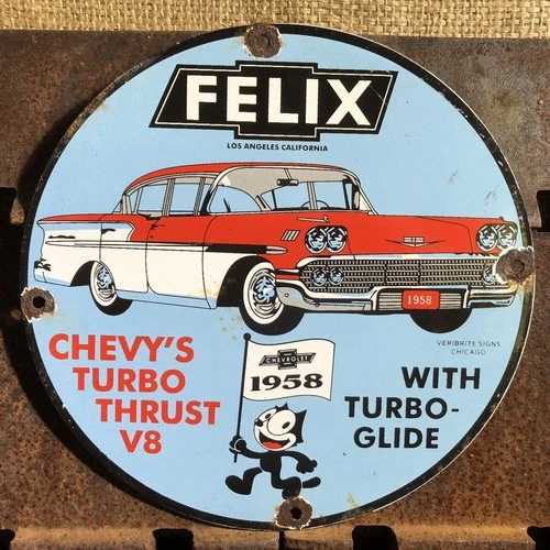 VINTAGE 1958 DATED CHEVROLET CHEVY FELIX 10” PORCELAIN GAS OIL PUMP PLATE  SIGN