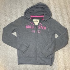 Hollister Women s Gray Pink California 1922 Zip-Up Hoodie Sweatshirt Size Large