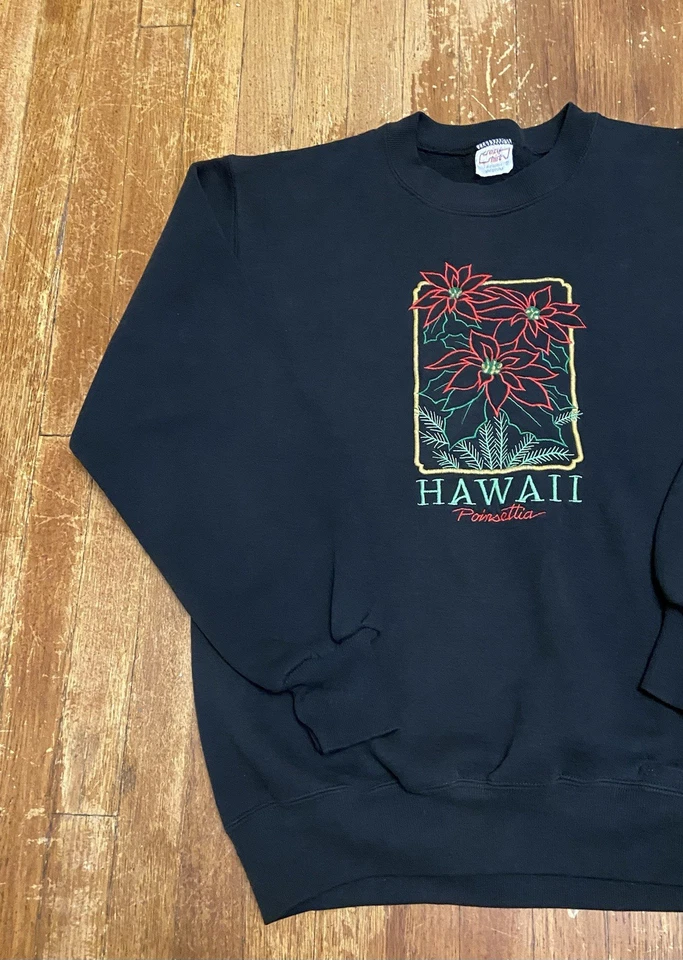VTG 90s Black Embroidered Floral Hawaii Center Logo Crewneck Sweatshirt Medium - Image 2 of 4