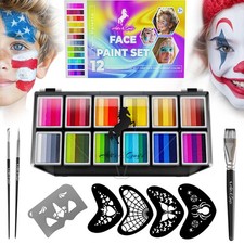 Face Paint Kit for Kids   Twin Palette with 12 Split Cake Colors, 3 Brushes ...