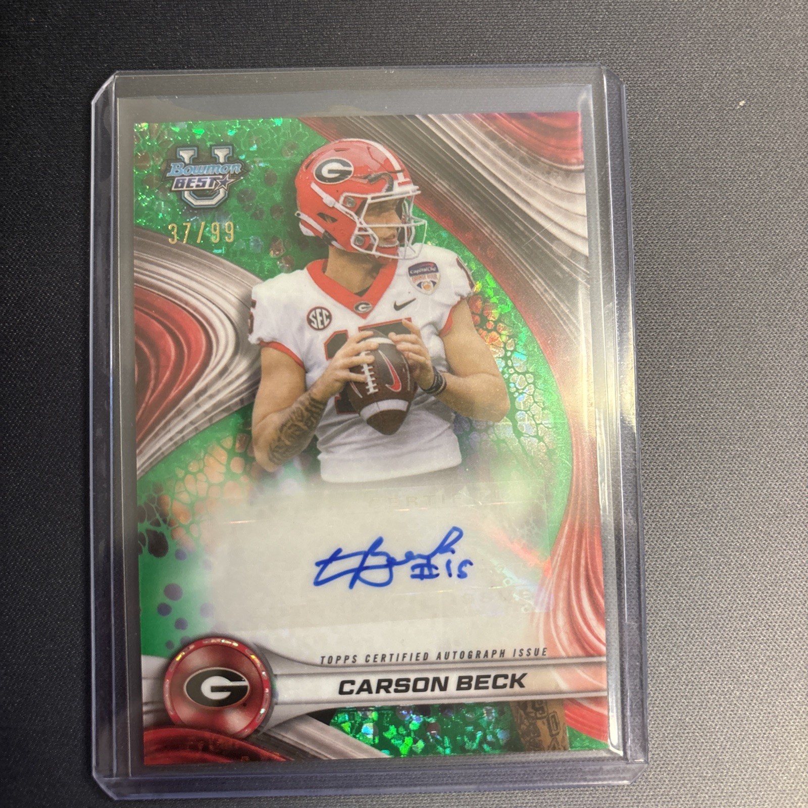 Carson Beck 2024 Bowman U Chrome Prospect Green Refractor Auto  /99