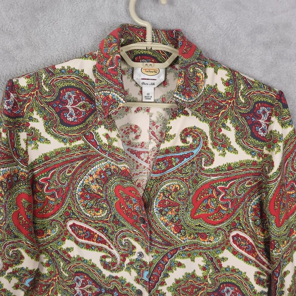 Talbots Pure Silk Paisley Button Up Long SIeeve Collared Blouse Size 12 Vintage - Image 3 of 4