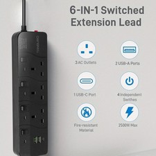3 Way Extension Lead with Surge Protector 2 USB 1 USB-C Port Power Strips UK