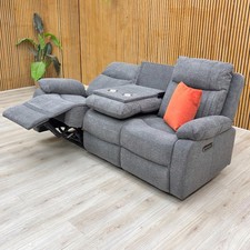 ‘Brystol’ 3 Seater Sofa Dark Grey Woven Power Recliner + Drop Down Cup Holder