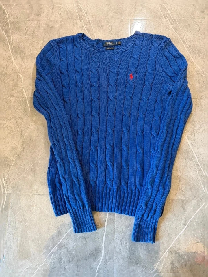 Pull Torsadé Ralph Lauren, Col Rond, Maille Cable Knit, bleu, Pima Coton #TRL2 - Photo 2/4