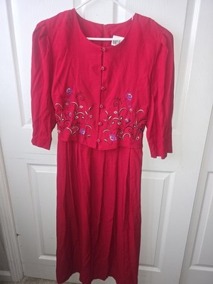 Karin's Korner Red Floral Embroidered Button Front 3/4 Sleeve Midi A-Line 16W