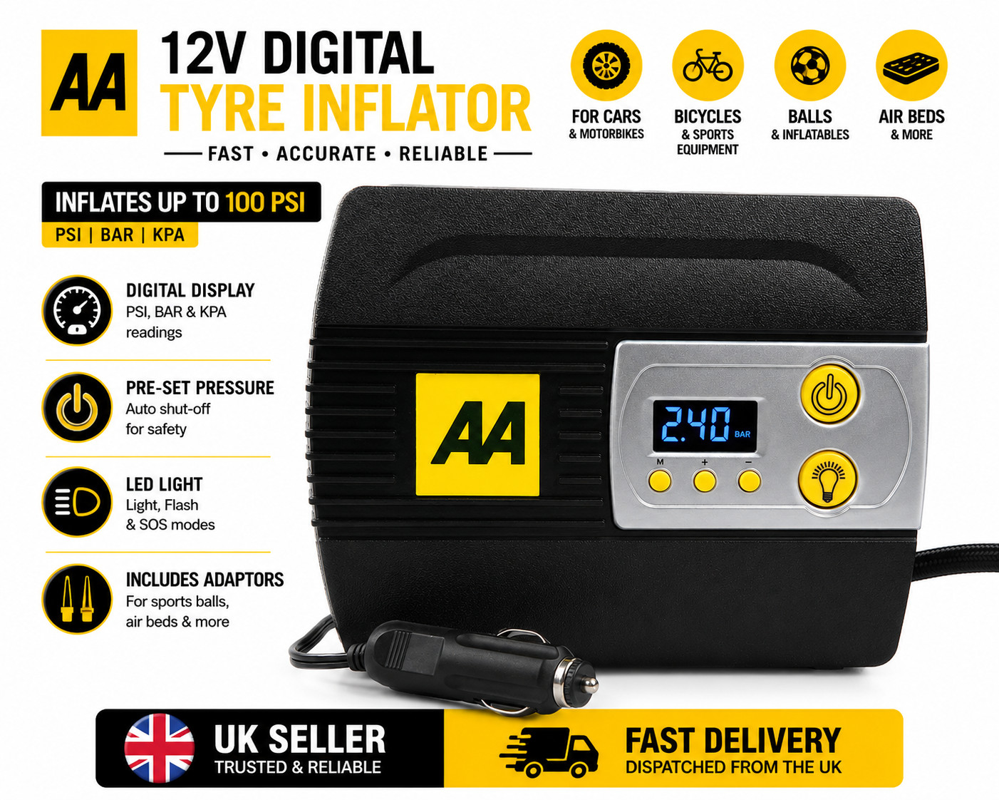 AA 12V Digital Tyre Inflator Air Compressor Car Bike 3-100 PSI with Adaptors