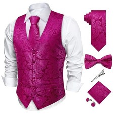 Men's Silk Paisley Vest and Necktie Set 6PCS Pre-tied Large Hot Pink Paisley