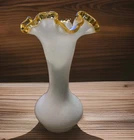 Vintage Fenton 8" Gold Crest Milk Glass Ruffle Vase White Yellow 1940s Fall