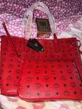 MCM Red/Black Monogram Logo Tote Bag w/ Pouch...