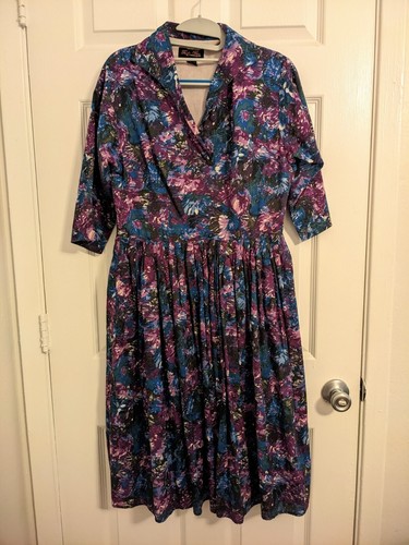 Trashy Diva Cool Watercolors Americana Dress Size US 10 Purple Blue Retro EUC