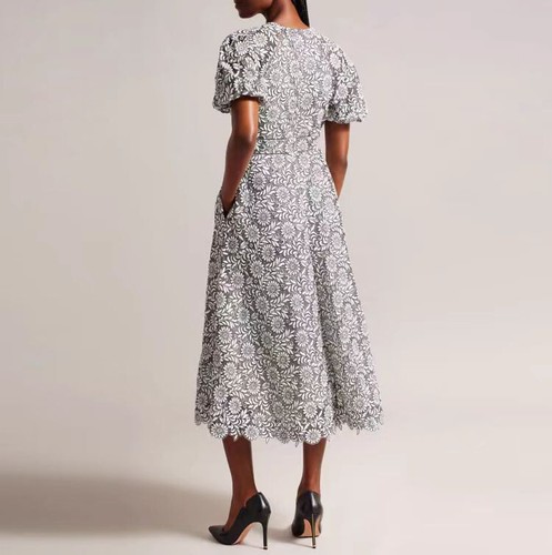 Women Ted Baker Round Neck Floral Puff Sleeve A-line Midi Dress - 第 2/7 張圖片
