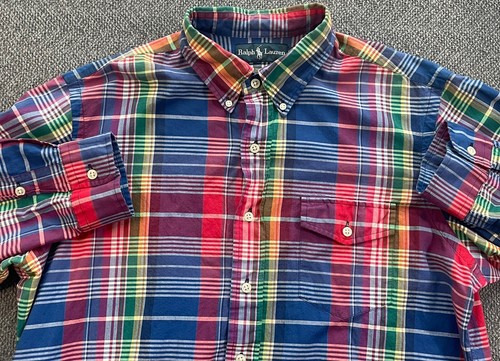 Polo Ralph Lauren Men's Long Sleeve Shirt LARGE Blue & Red Plaid Pocket Front - Picture 2 of 8