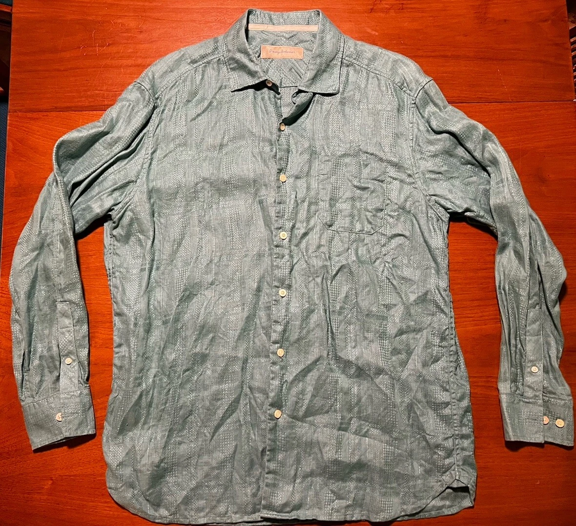 Tommy Bahama Mens Green Linen Casual Shirt Size Large L Long Sleeve