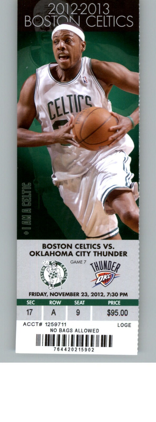 Oklahoma City Thunder vs Boston Celtics 11/23/2012 Full Ticket