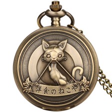 Lovely Engraved Cat Full Hunter Quartz Pocket Watch with Pendant Necklace Chain