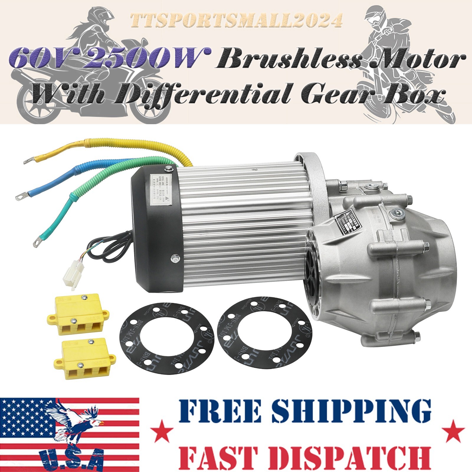 60V 2500W Brushless Motor with Differential Gearbox for Go Kart Golf Cart ATV