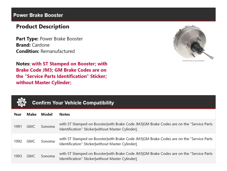 Para GMC Sonoma 1991-1993 Power Brake Booster Cardone 1992 Foto 2 de 4