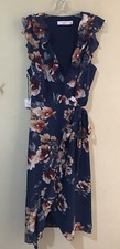 Ali&Jay Blue Floral V-Neck Ruffle Rooftop Afternoon Midi Wrap Dress Sz L NWT D5