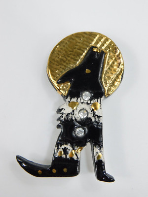 Vtg Wolf Coyote Howling Moon Hand Painted Ceramic Pin Brooch Southwestern 2.75''