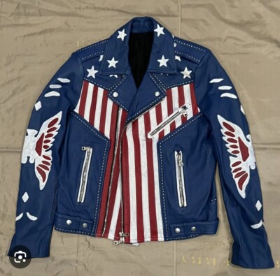 Balmain Men's Blue American leather Flag Print Leather Jacket size