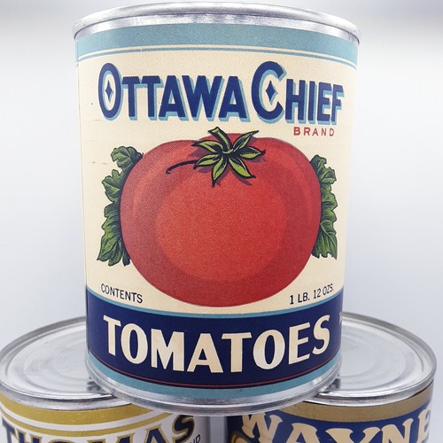 Antique lot 3 Repro 1990s tin cans paper label Ottawa Thomas Chief Prop Display - Picture 12 of 21