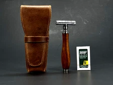 MEN VINTAGE WOOD HANDLE DOUBLE EDGE SAFETY RAZOR WET SHAVE+5 BLADES LEATHER CASE