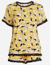 Women’s  Lemons Pajamas Short Set Size XL Yellow Black Lemon