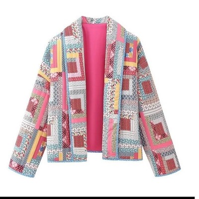New Boho Quilted Patchwork Jacket Pink Log Cabin Floral Open Front  Large