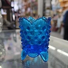 Colonial Blue Glass Toothpick Holder Hobnail Texture 3-Footed Base by Fenton.