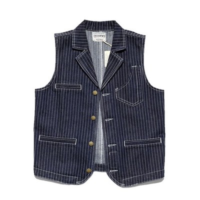 Mens American Retro Striped Denim Vest Lapel Multi-Pocket Workwear