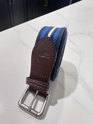 Ralph Lauren Striped Navy, Blue & White Bend-Back Belt with Brown Leather Trim Polo Ralph Lauren Mens Striped Leather Trim Stretch Belt (36  main image 2
