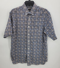 Daniel Cremieux Shirt Mens Medium Blue Brown Print Short Sleeve Preppy