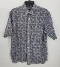 Daniel Cremieux Shirt Mens Medium Blue Brown Print Short Sleeve Preppy