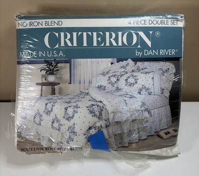 Vtg CRITERION BY DAN RIVER 4 Pc Double Set SHEETS & PILLOWCASES Rose Blue White