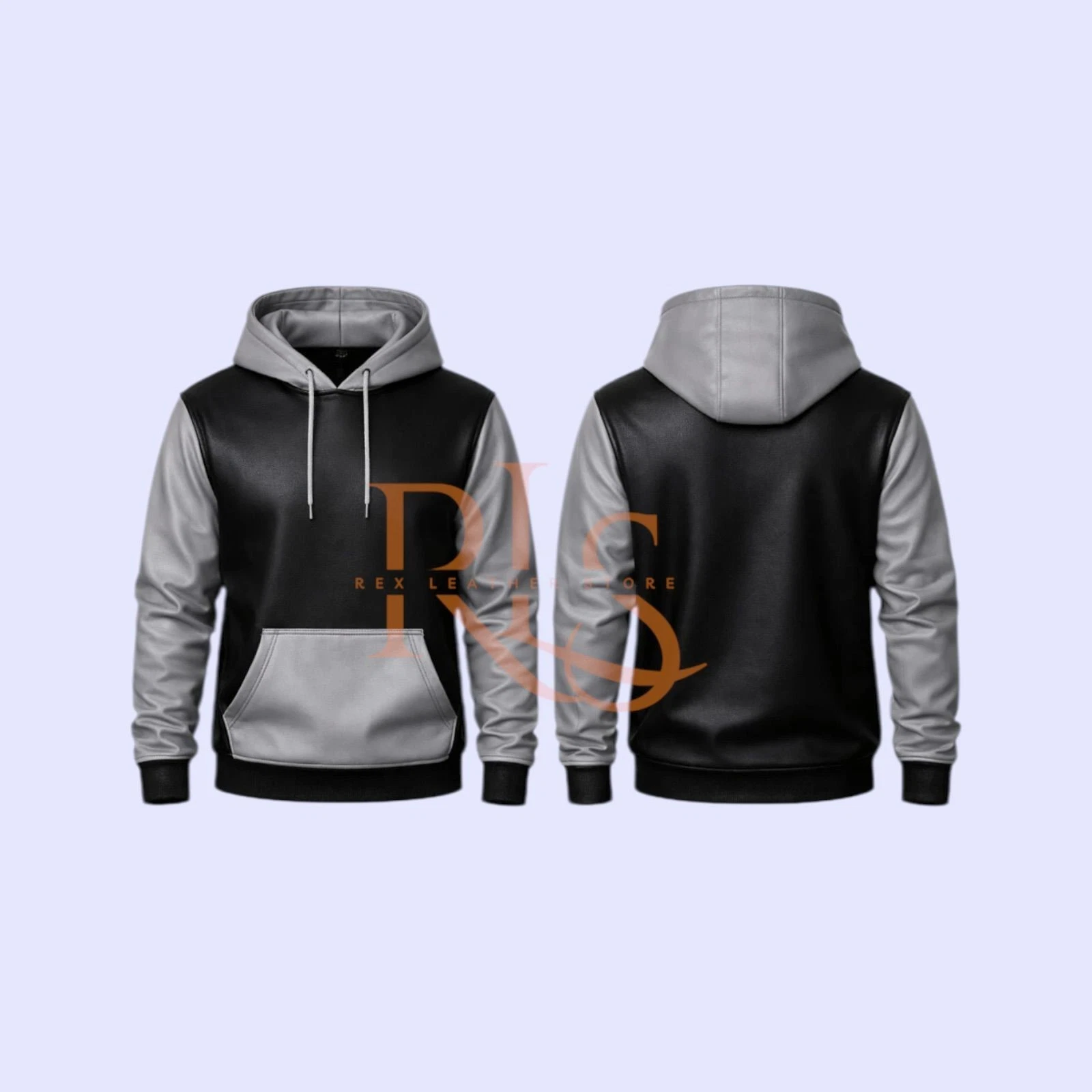 Men's Black Genuine Lambskin Leather Pullover Style Hoodie With Gray Sleeves