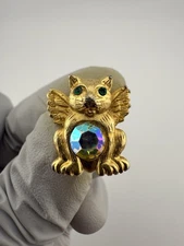 Small VTG PET PALS GA T&T GOLD TONE CAT PIN W/  RHINESTONE BELLY Lapel Pin