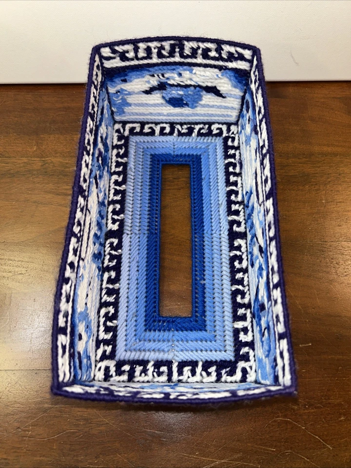 Cubierta de caja de pañuelos de colección punta de aguja hecha a mano lona de plástico rectángulo azul sauce Foto 4 de 4