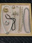 Vintage Pearl Onyx Gold Color Jewelry Lot One Signed SC, 2 Silver 925 Clasps V24