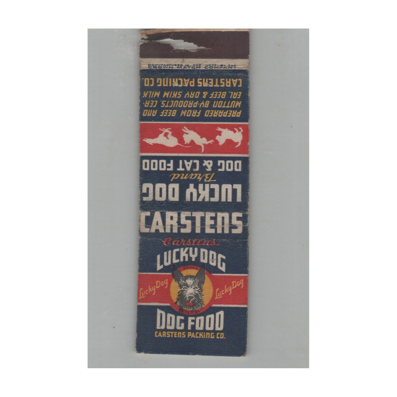 1930s Matchbook Cover Crown Match Co. Carsten's Lucky Dog Food