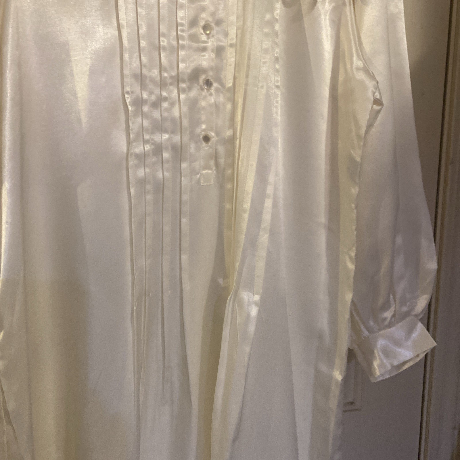 Adonna Satiny Shiny Maxi Nightgown Sz Small Long Sleeves Lace Trim Cream Bridal