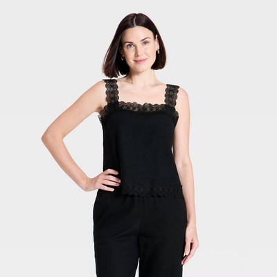 Women Lace Trim Tank Top - A