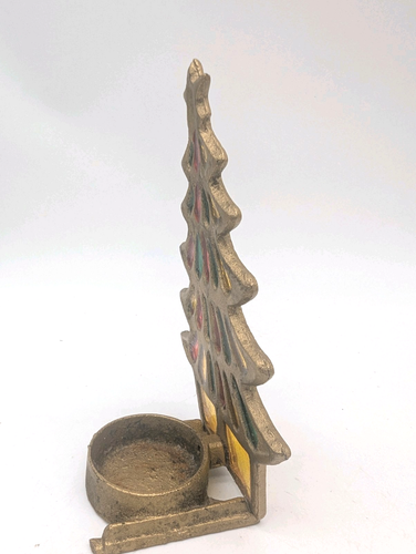 Vintage Brass Christmas Tree Candle Holder Stained Glass Holiday Tealight Stand - Picture 4 of 9