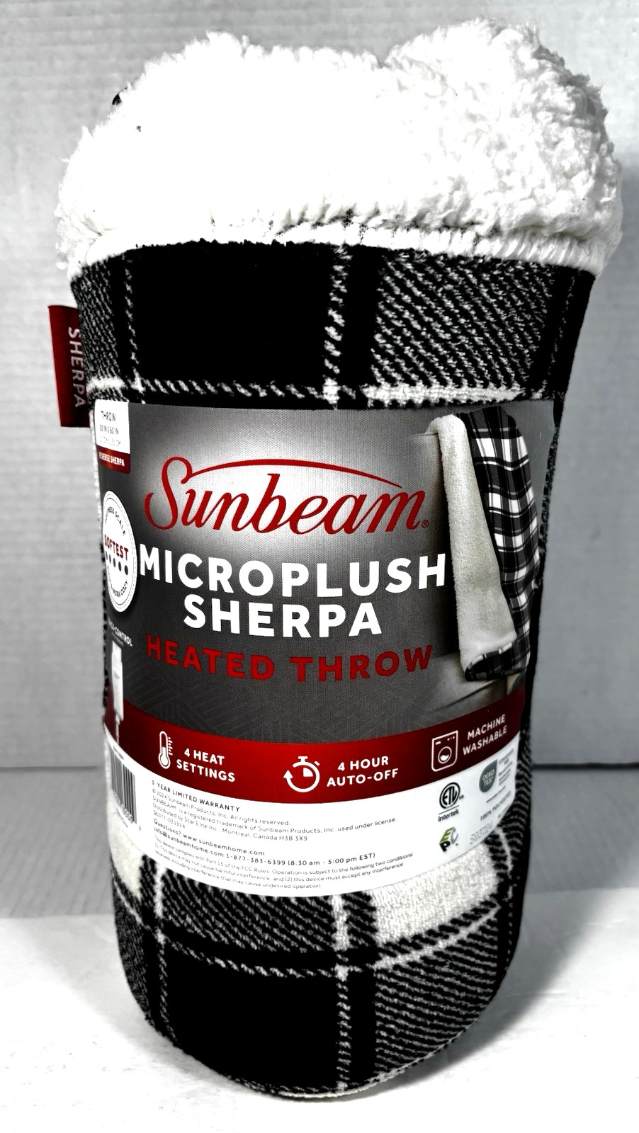 Sunbeam Sherpa Throw Plaid Microplush Electric Heated Blanke