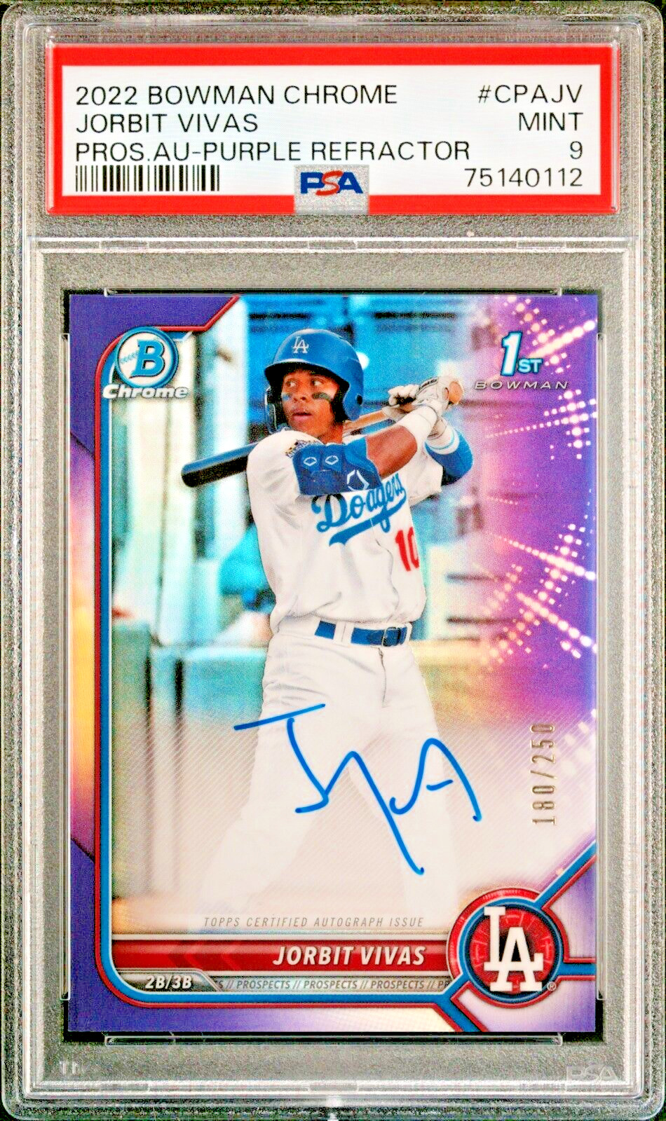 JORBIT VIVAS ~ 2022 Bowman Chrome 1st Autograph PURPLE REFRACTOR AUTO /250 PSA 9