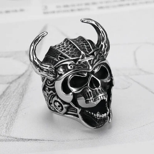 Stainless Steel Skull w Horns Ring - Sizes 7, 8, 9, 10, 11, 12, 13 - Picture 2 of 4