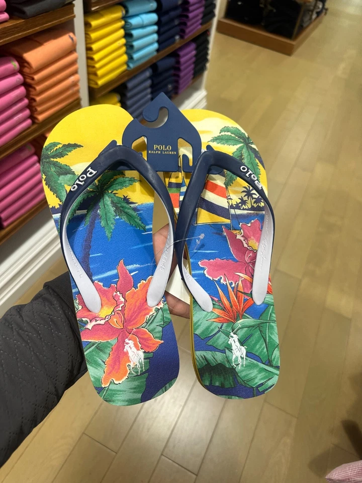 Chanclas tropicales Polo Ralph Lauren Bolt playa para hombre talla 12 amarillo tropical Foto 2 de 4