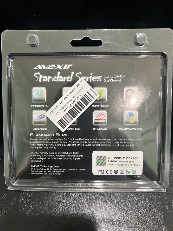 Avexir AVD3U13330902G-2SW 4GB (2x2GB) DDR3-1333 Long DIMM Desktop RAM - Image 2 of 3