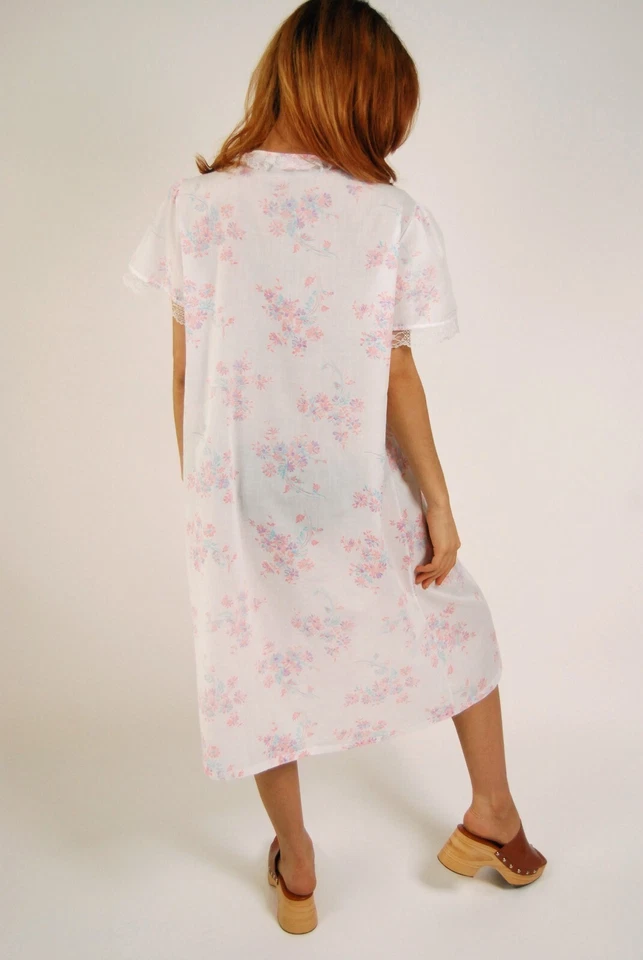 Camisón Floral Años 70 (M) Vintage Blanco Vestido Abotonado Mediano Camisón Casa Abrigo Foto 4 de 4