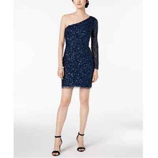 Adrianna Papell Blue Sequin One Shoulder Mesh Mini Dress